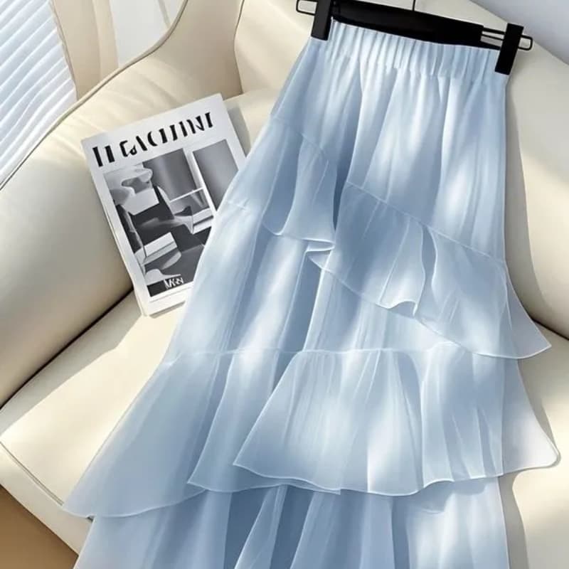 Irregular Midi Skirt for Women Summer 2026 New High-Waist Elegant Layered Chiffon A-Line Skirt
