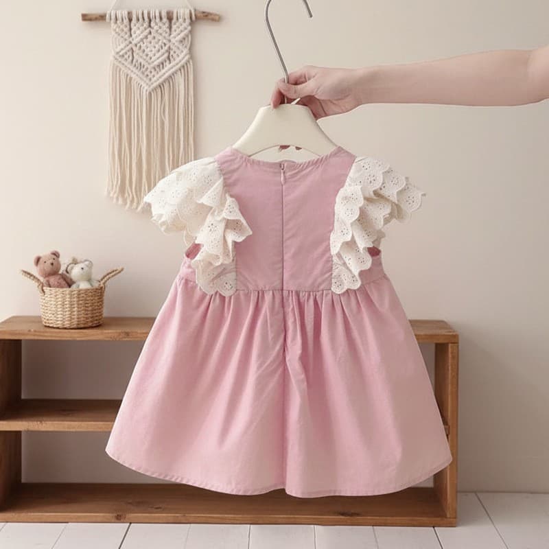 2026 Summer Girls Korean Style Sweet Pink Dress Baby Girls Flutter Sleeve Lace Princess Dress
