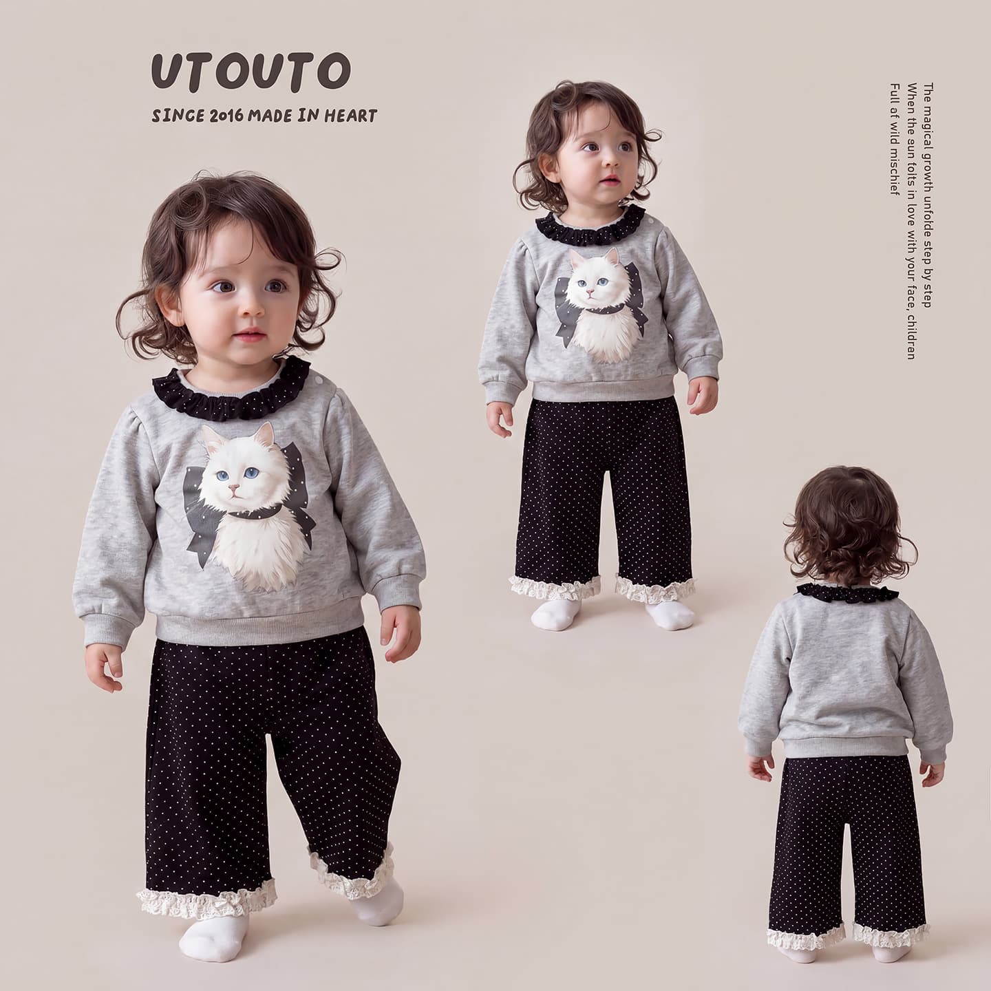 Girls' Fall Outfit Set Toddler Cute Cat Lace Collar Sweatshirt Polka Dot Pants 2-Piece Set Little Kids Wide-Leg Pants