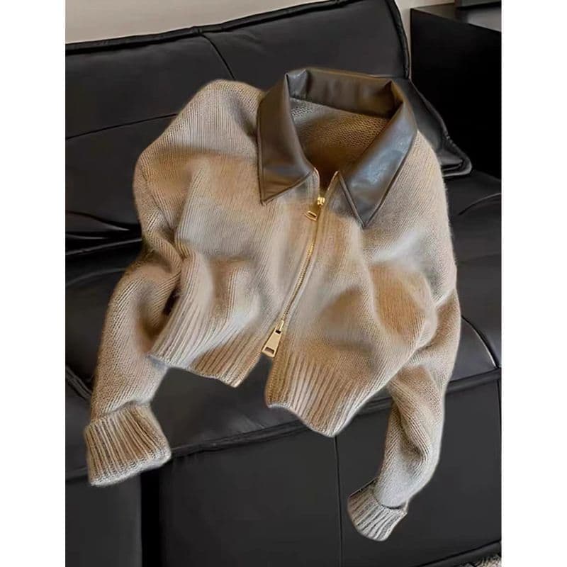 European Style Premium Faux Leather Polo Collar Knitted Cardigan for Women, Soft Raccoon Fur Texture, Double-Zipper Sweater Short Coat for Fall/Winter