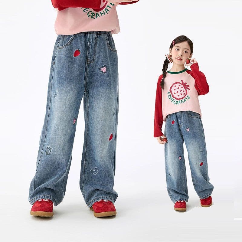 Children's Girls' Jeans Straight Leg Embroidered Pants New Loose Fashionable Mid-Large Kids Spring Autumn Wide Leg Pants