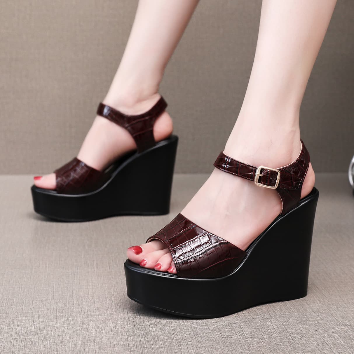 Patent Leather Wine Red Ultra-High Heel Wedge Sandals Women New Platform Sole Petite Fashion Peep Toe Summer Women's Shoes