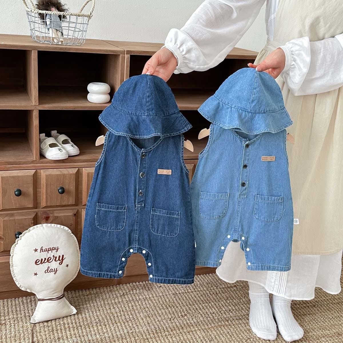 Infants and young children Korean style denim sleeveless jumpsuit summer new male and female baby fisherman hat suit outing crawling clothes