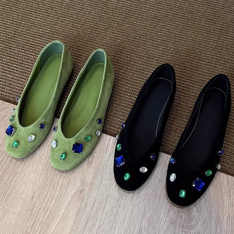 In Stock~~French-Style Shallow Round-Toe Women's Flats for Spring and Autumn, Versatile and Comfortable, with Rhinestones and Gemstones, Suede Granny Shoes