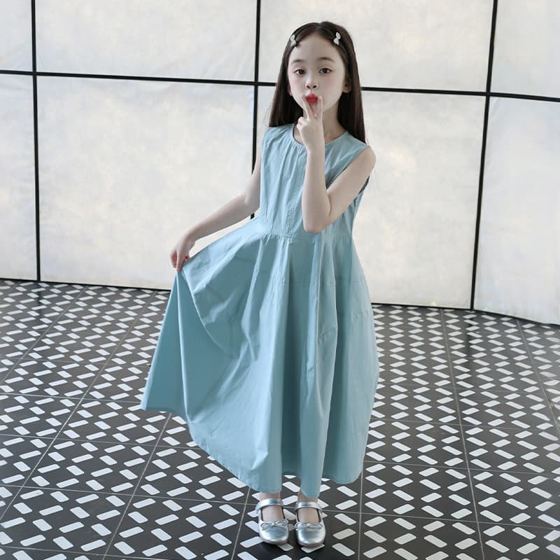 Pure Cotton High-End Girls' Dress, Summer Children's French Vest Dress, Blue Skirt, Elegant Long Skirt, Medium and Large Children
