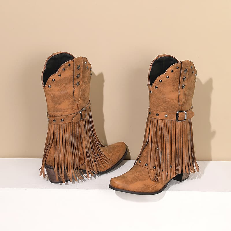 40-44 Autumn/Winter Women's Fringe Western Boots with Rivets and Belt Buckle Mid-Calf Boots H209