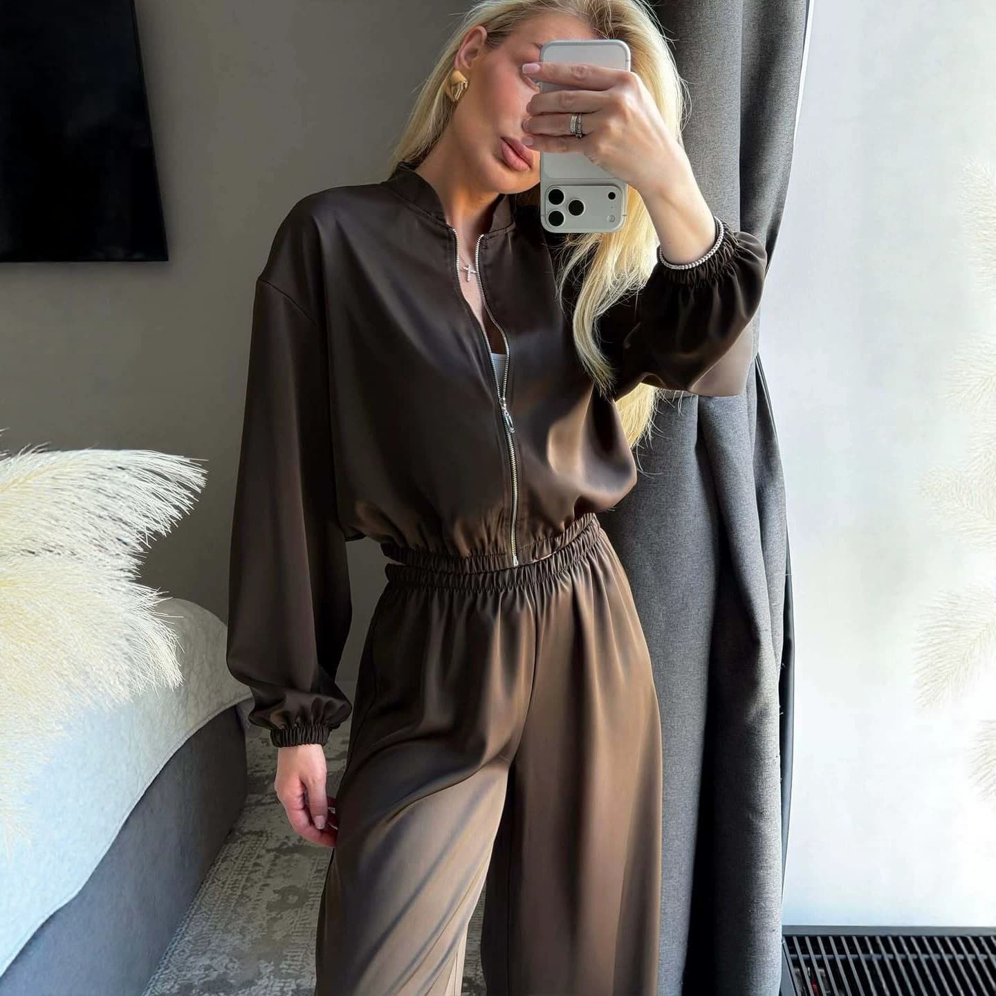 2026 Cross-Border Spring and Autumn New Style Fashion Women's Two-Piece Set European and American Long Sleeve Zipper Jacket Straight Leg Pants Set