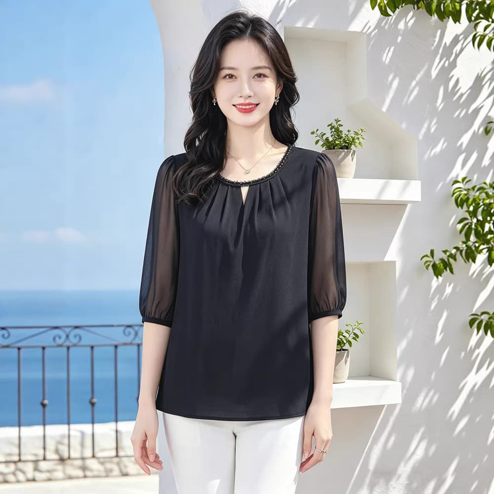 2026 Summer New Design Casual Lace-Up Faux Layered Chiffon Print Slimming Plus Size Blouse for Women