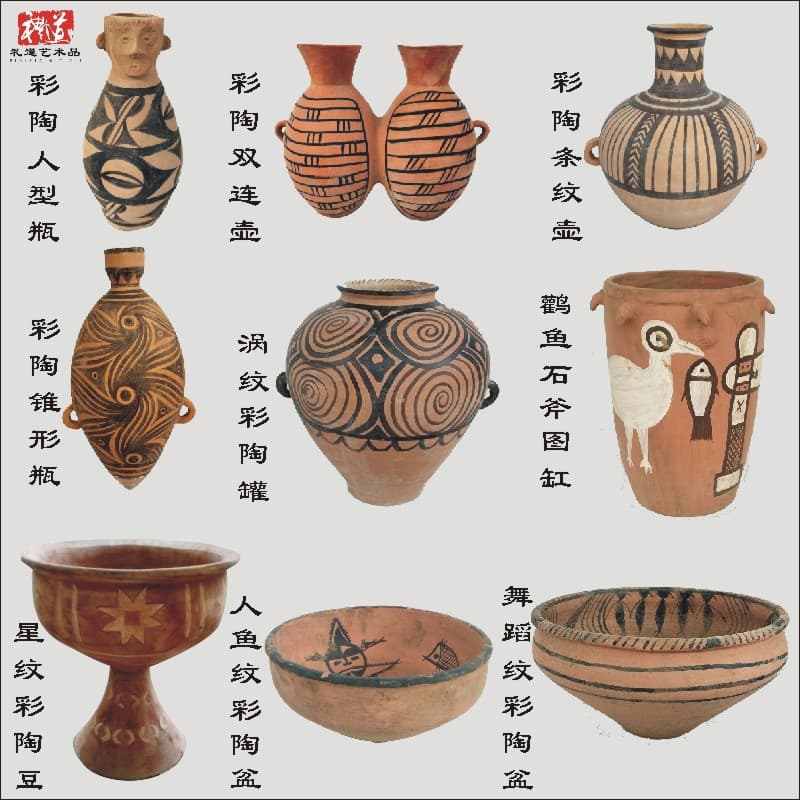Antique-style pottery ceramic wine vessels, jars, pointed-bottom bottles, pottery bowls, dance-pattern painted pottery basin ornaments, Majiayao black pottery
