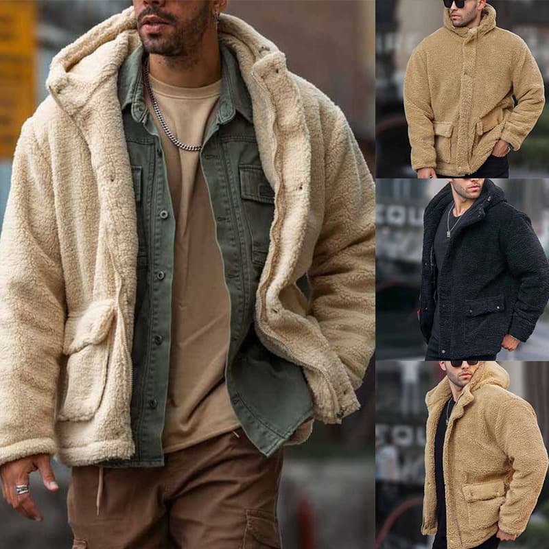 2026 Export Cross-border Autumn/Winter Men's Hooded Solid Color Fleece Jacket, European and American Casual Fashion Trend for Men