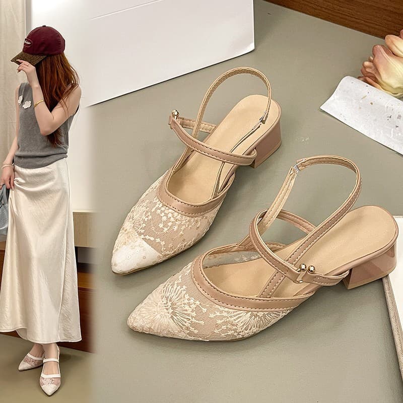 Women's Large Size Pointed Toe Thick Heel Sandals, Summer New Fashion Mesh Breathable One-Strap Buckle High Heel Toe Sandals