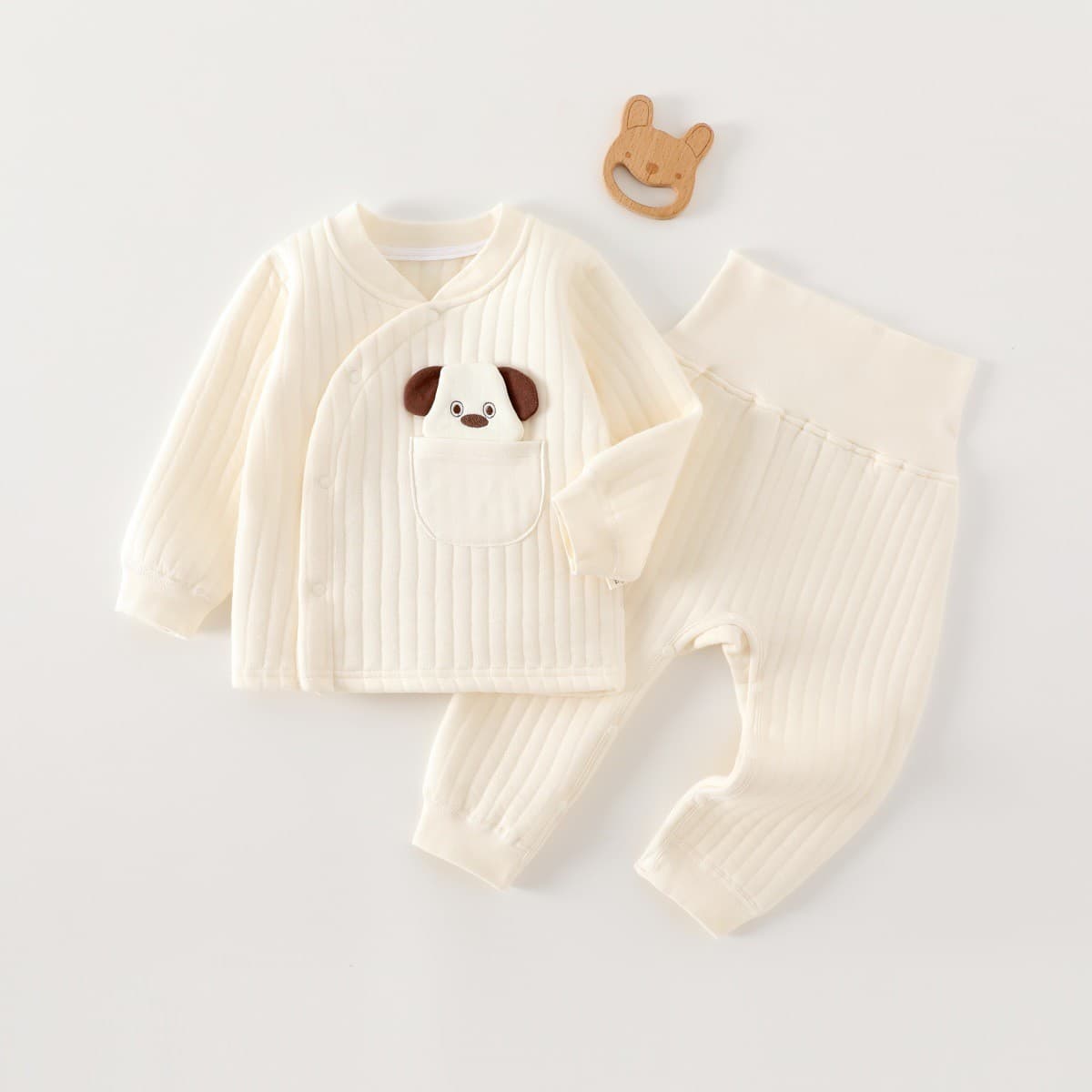 Baby Autumn and Winter Padded Cotton Thermal Underwear Set, High-Waisted Belly Protection, Newborn Pure Cotton Seamless Side-Buttoned Infant Warm Home Wear