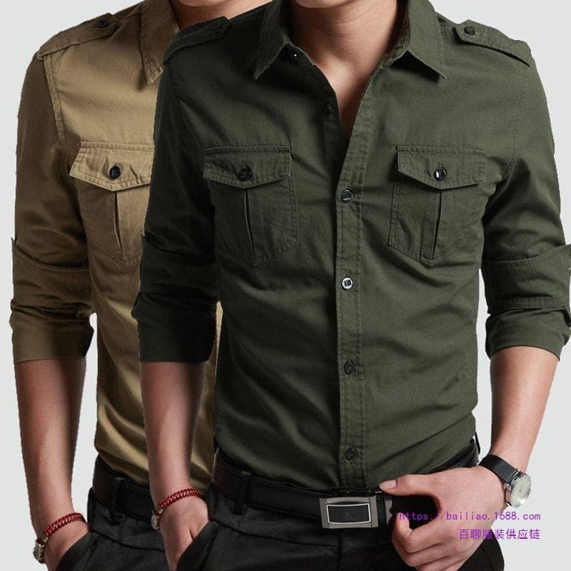 Men's Wrinkle-Free Long-Sleeve Military Outdoor Work Casual Shirt, Business Slim Fit, Spring/Autumn, In Stock