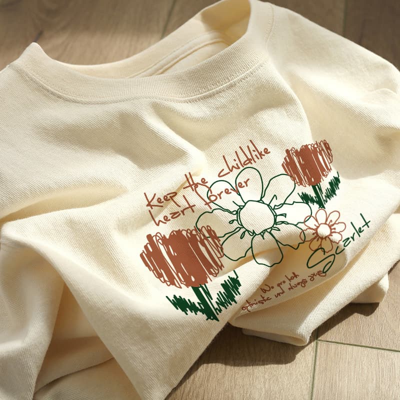 Cream Printed Short Sleeve Women's Summer 2026 Heavy Cotton Top, Plus Size Loose Half Sleeve Versatile Student T-Shirt