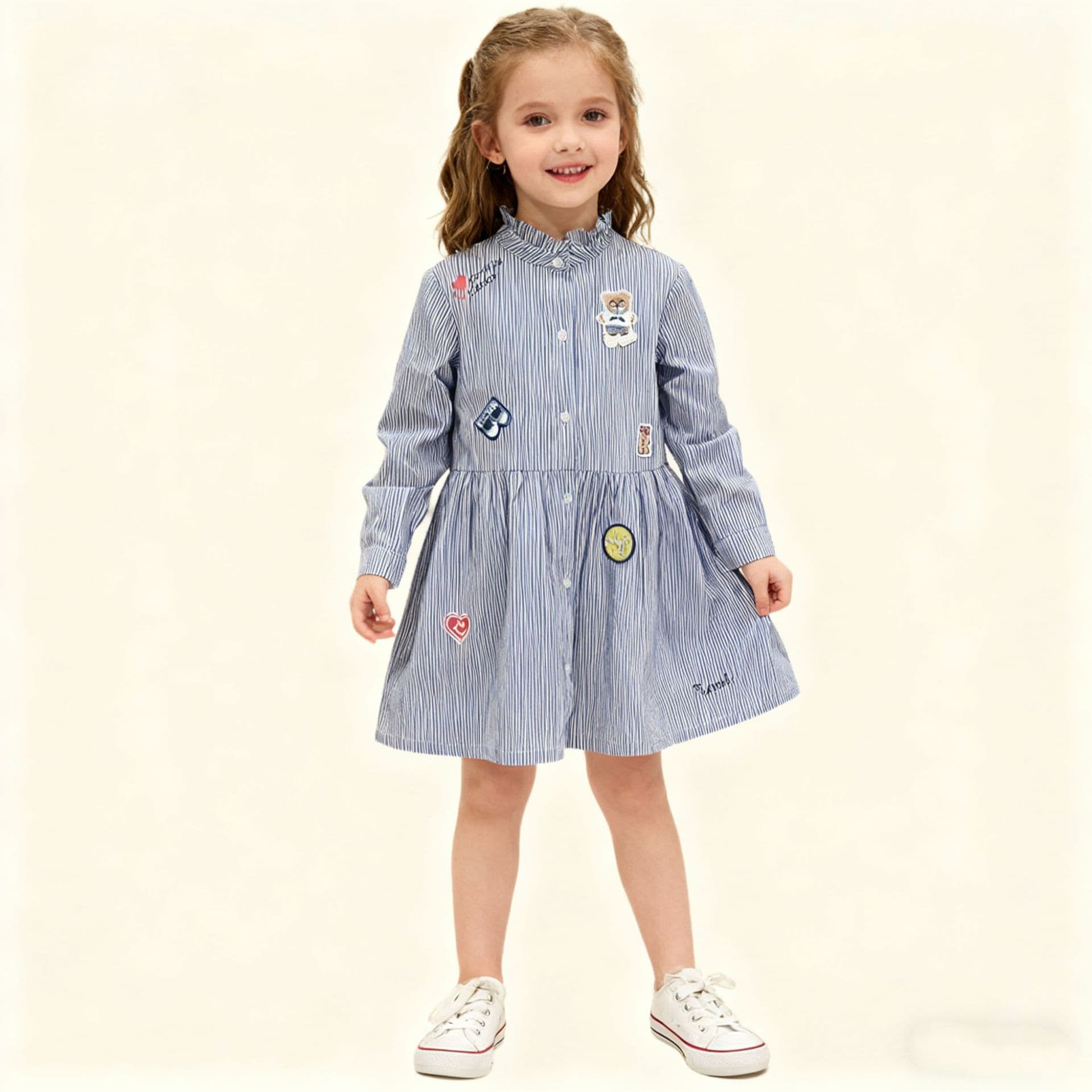 2025 Summer New Korean Style Striped Shirt Dress for Older Kids Fashionable Cartoon Embroidery Stand Collar Dress