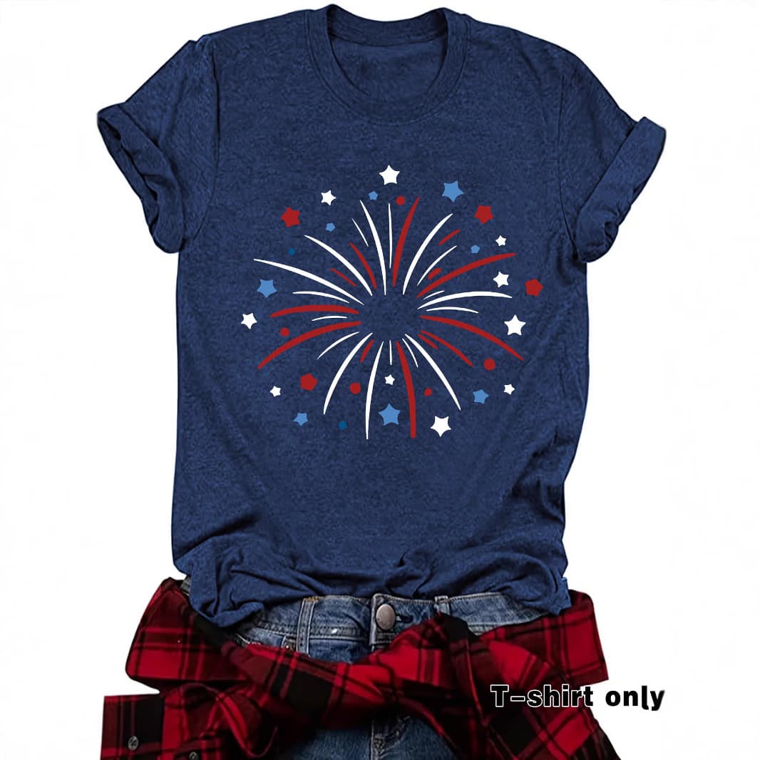 Cross-Border Summer European and American T-Shirt Independence Day Flag Fireworks Round Neck Pullover Short Sleeve eBay Women's T-Shirt