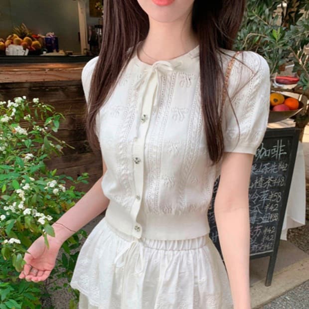 Live Stream Style Summer Bowknot Hollow Ice Silk Knit Short Sleeve Women's Top New Versatile Fashionable Age-Reducing Trendy Top