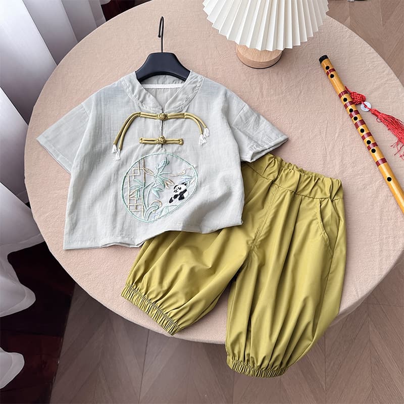 Boys New Chinese Style Panda Cute Outfit Summer Clothes Summer Baby Toddler Clothing Baby 2-Piece Set Little Kids Summer Trendy