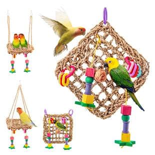 Parrot Climbing Net Toy, Grass-Woven Chewing Block Hanging Net, Cockatiel Lovebird Parrot Boredom Relief and Beak Grinding Cage Accessory