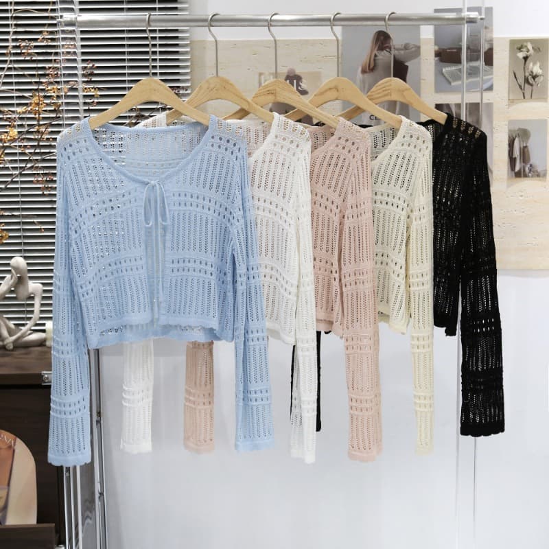 2026 Summer New Thin Hollow Lace-up Short Knit Cardigan Women Loose Round Neck Long Sleeve Top