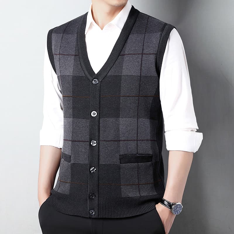 Men's V-neck faux wool vest, cardigan, vest, sweater, knitwear for middle-aged and elderly men