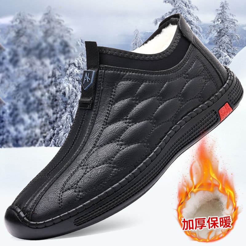 Men's New Autumn/Winter Fleece-Lined Leather Shoes, Warm and Fashionable Casual Outdoor Slip-On Cotton Shoes