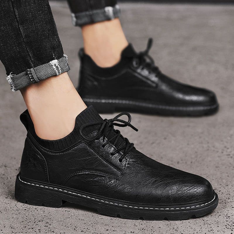 Men's Casual Leather Shoes British Business Formal Work Shoes Solid Black Soft Sole Trendy