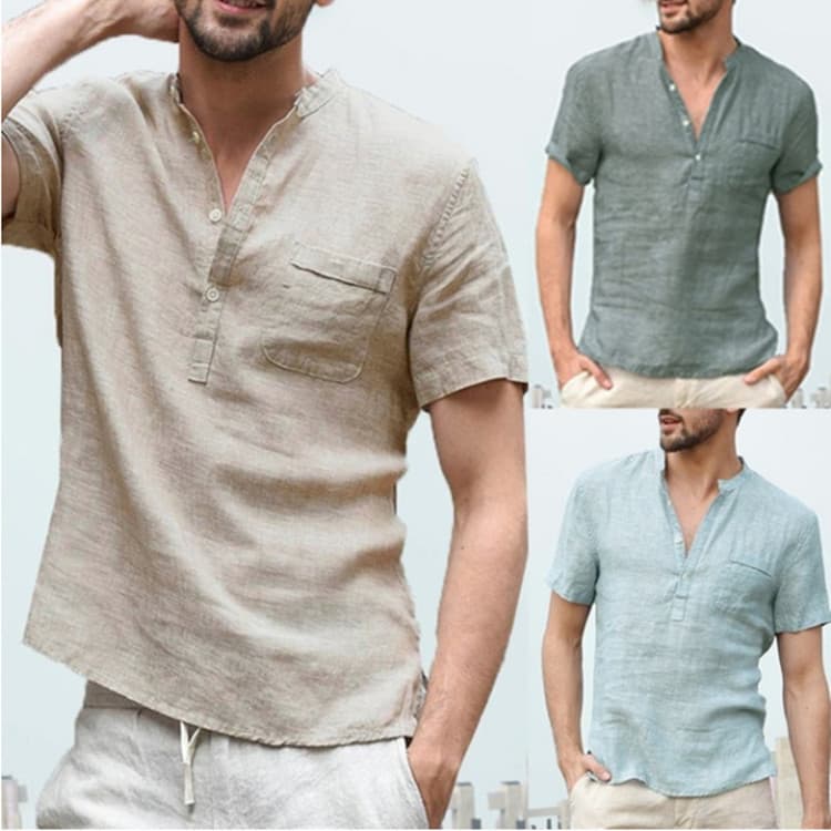 New Summer Cotton-Linen Short-Sleeve Men's T-Shirt Stand Collar Button-Down Half-Placket Simple Short-Sleeve Shirt