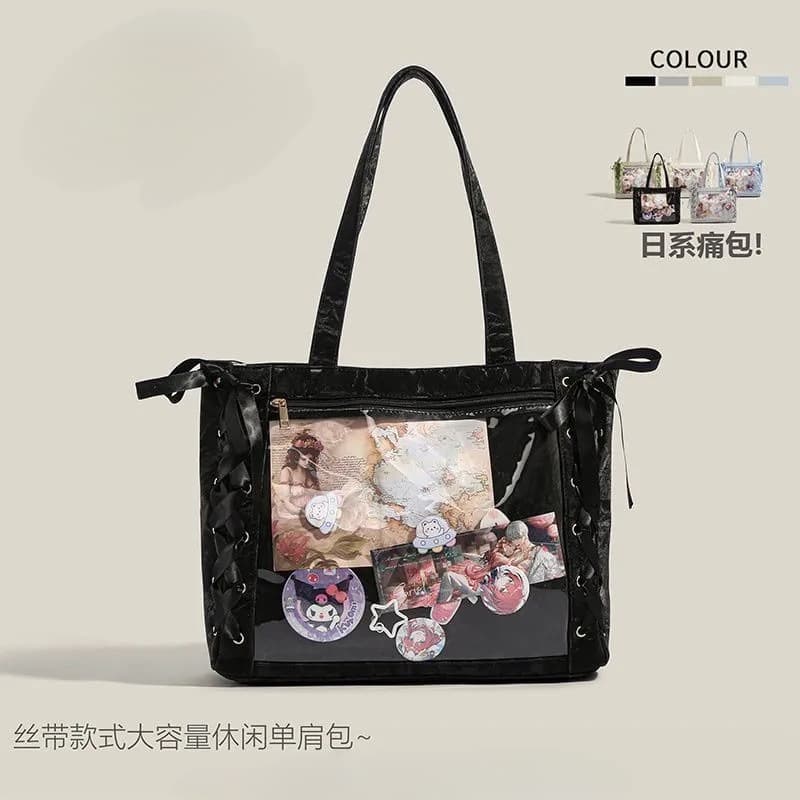 Cross-border Sweet Girl Large Capacity Tote Bag, Anime Transparent Lightweight Shoulder Bag, Japanese Style Ribbon Ita Bag