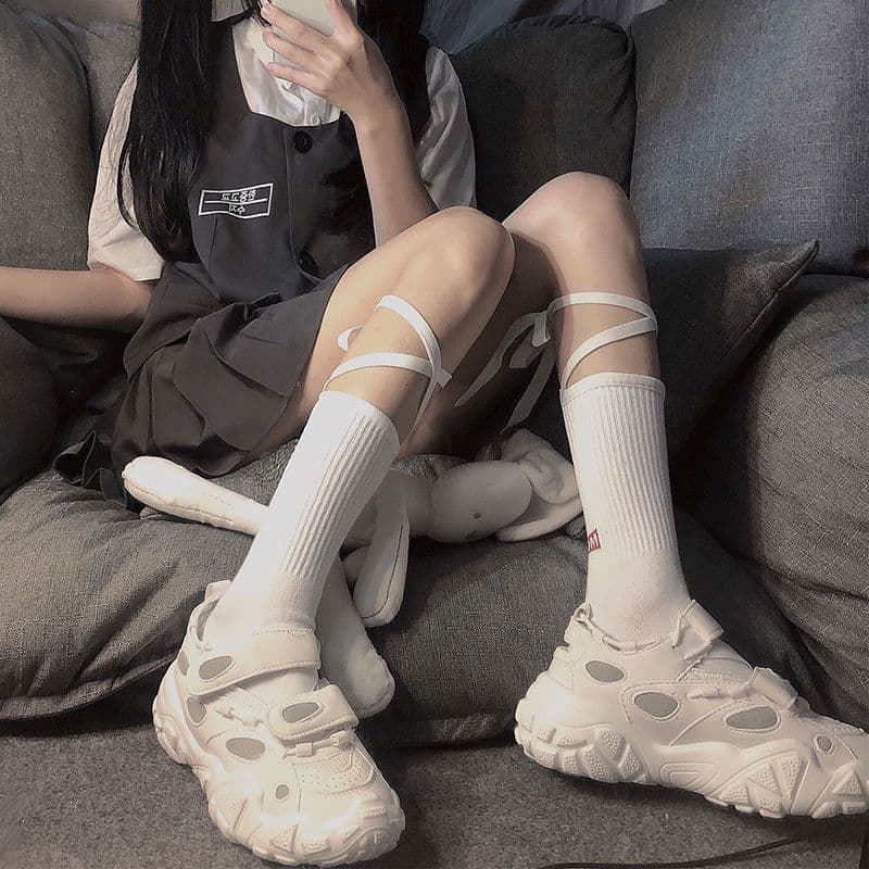 Summer Korean Style Women's Strap Socks, Black and White Cross Calf Socks, JK Trendy Mid-Calf Socks, Simple Solid Color Women's Socks