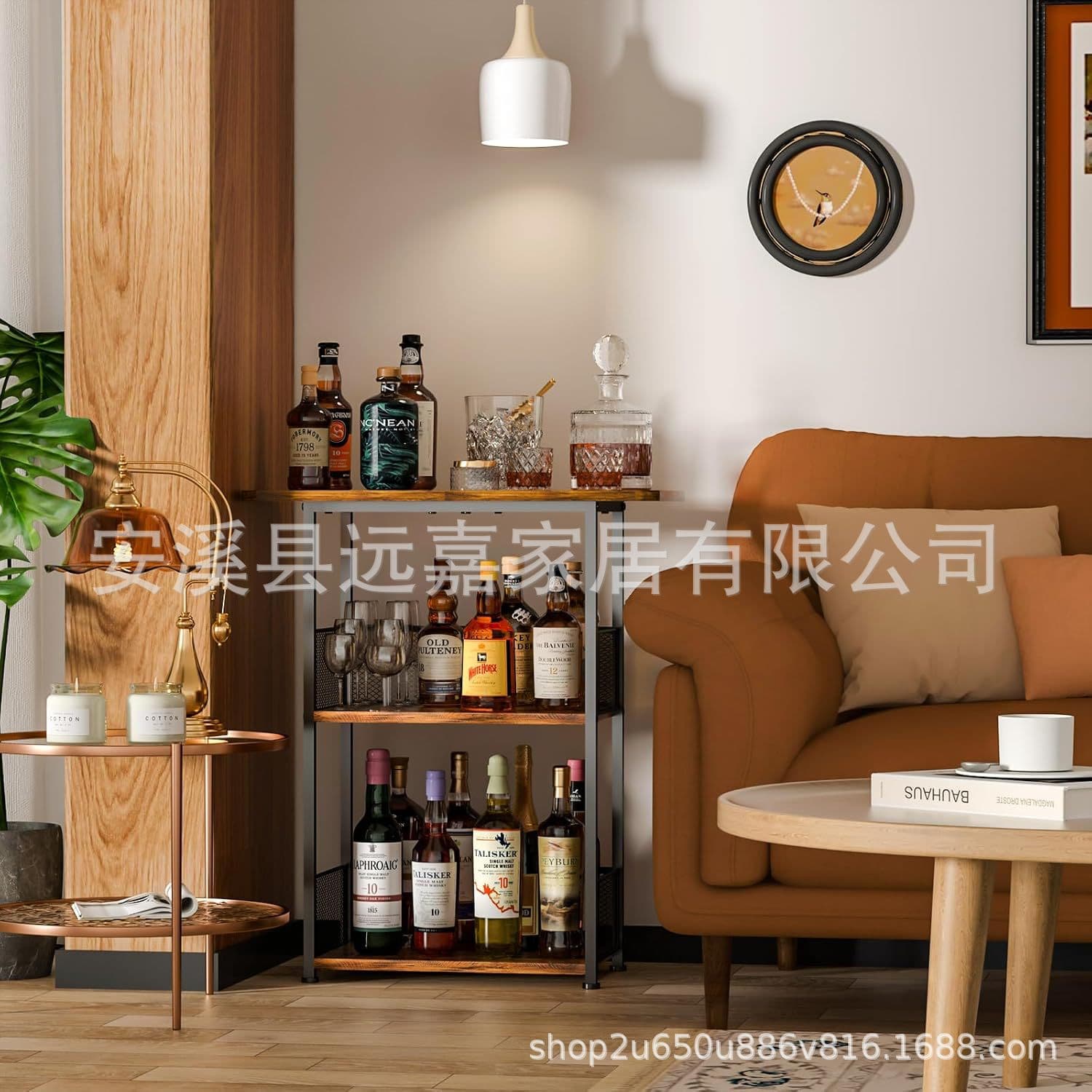 Floor-standing independent whiskey rack: 3-tier mini bar table corner bottle display stand, wine cabinet rack