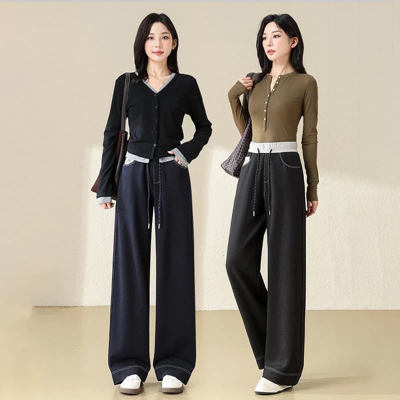 Winter wide-leg pants, high-waisted women's jeans, straight slim, loose, large size pants, stretchy fashionable casual pants for outer wear