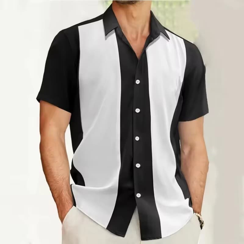 American Street Style Loose Short Sleeve Shirt Men Four-Way Stretch Color Block Lapel Shirt Wrinkle-Free Anti-Wrinkle Short Sleeve Men's Shirt
