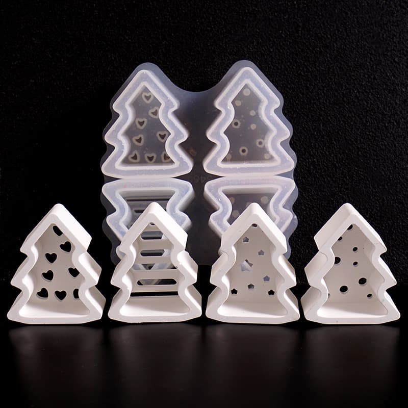 4-Cavity Hollow Christmas Tree Mold with Star and Heart Shapes, Christmas LED Tree Light, Plaster Ornament Silicone Mold