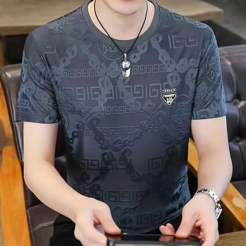 Men's Summer Ice Silk Jacquard Short-Sleeved T-Shirt New Style Round Neck Half-Sleeved Casual Thin Sports Versatile Breathable T-Shirt
