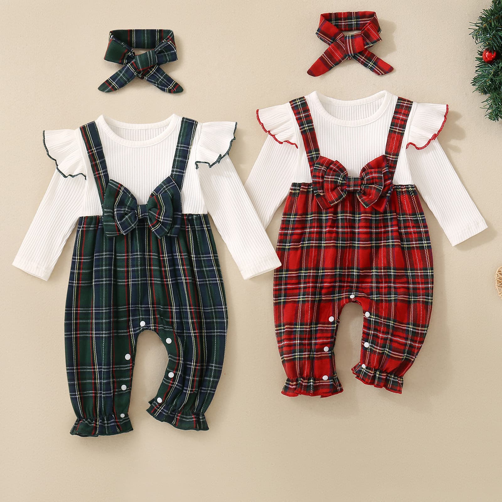 Infant girls' white lace long-sleeved red and green checkered suspender jumpsuit + headwear GL2553