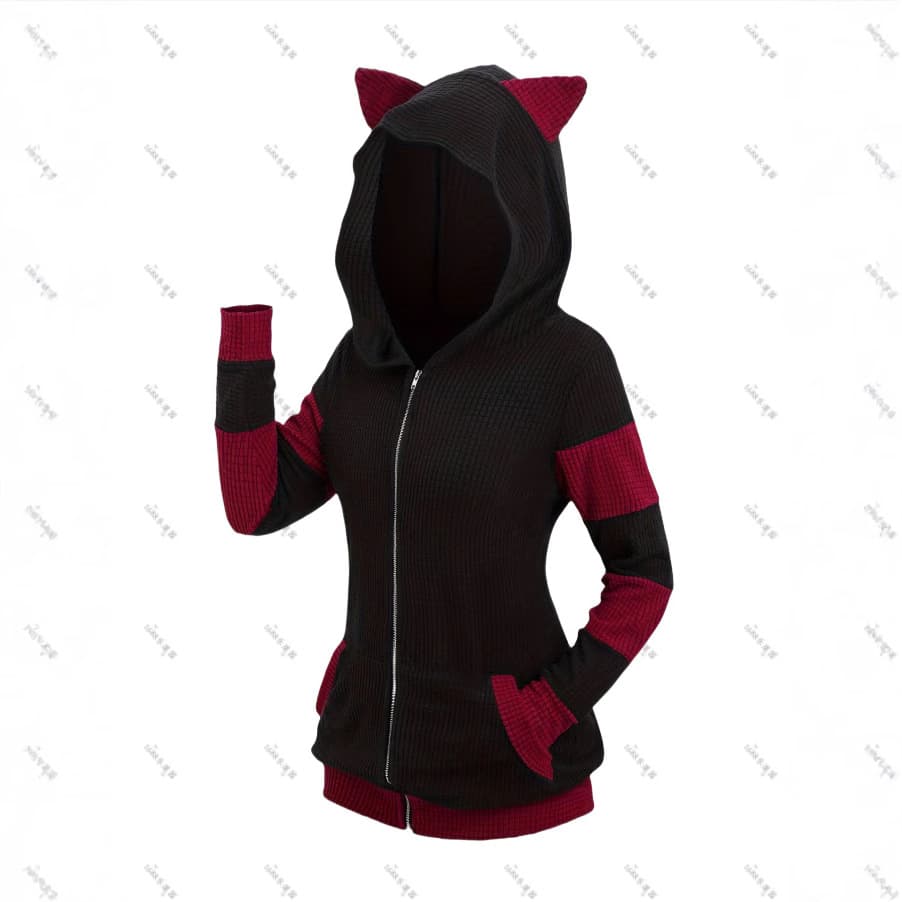 Women's Thickened Cat Ear Hoodie with Color Blocking, Mid-Length Zip-Up Hoodie for Cross-Border Trade, Cute Style