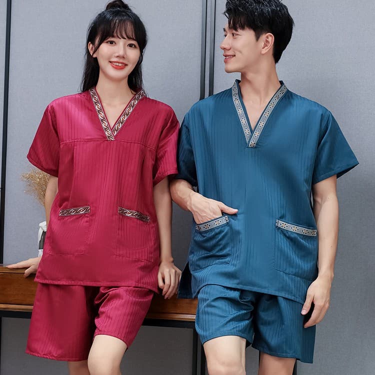 Mizhu New Jacquard Stripe Women's and Men's Plus Size Spa Suit Set for Foot Therapy, Bathing, Ear Cleaning, and Sauna Sleepwear