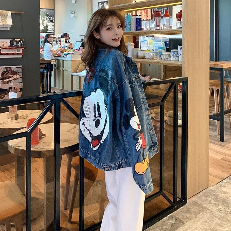 Mickey Print Denim Jacket Women Spring Autumn Loose Korean Style Plus Size Jacket Hong Kong Style Mickey Mouse Denim Clothing