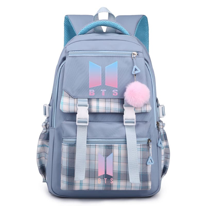 BS BTS Theme Nylon Plaid Backpack with Pink Pom Pom Charm for Students