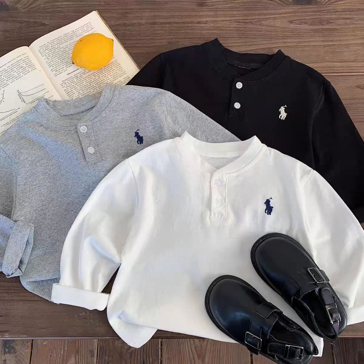 100% Cotton Spring and Autumn Fashion Casual Korean Style Children's Base Shirt Embroidered V-neck T-shirt Long Sleeve All-match Top for Boys and Girls