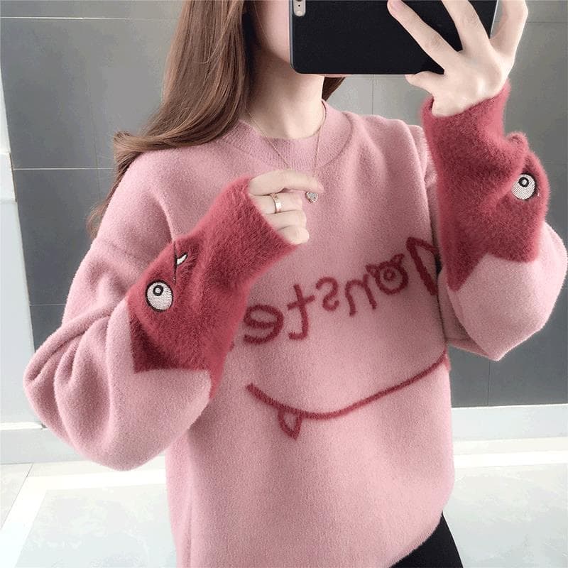 2025 Knitted Faux Mink Sweater for Women New Fall/Winter Style Korean Loose Fit Cute Cartoon Knit Top