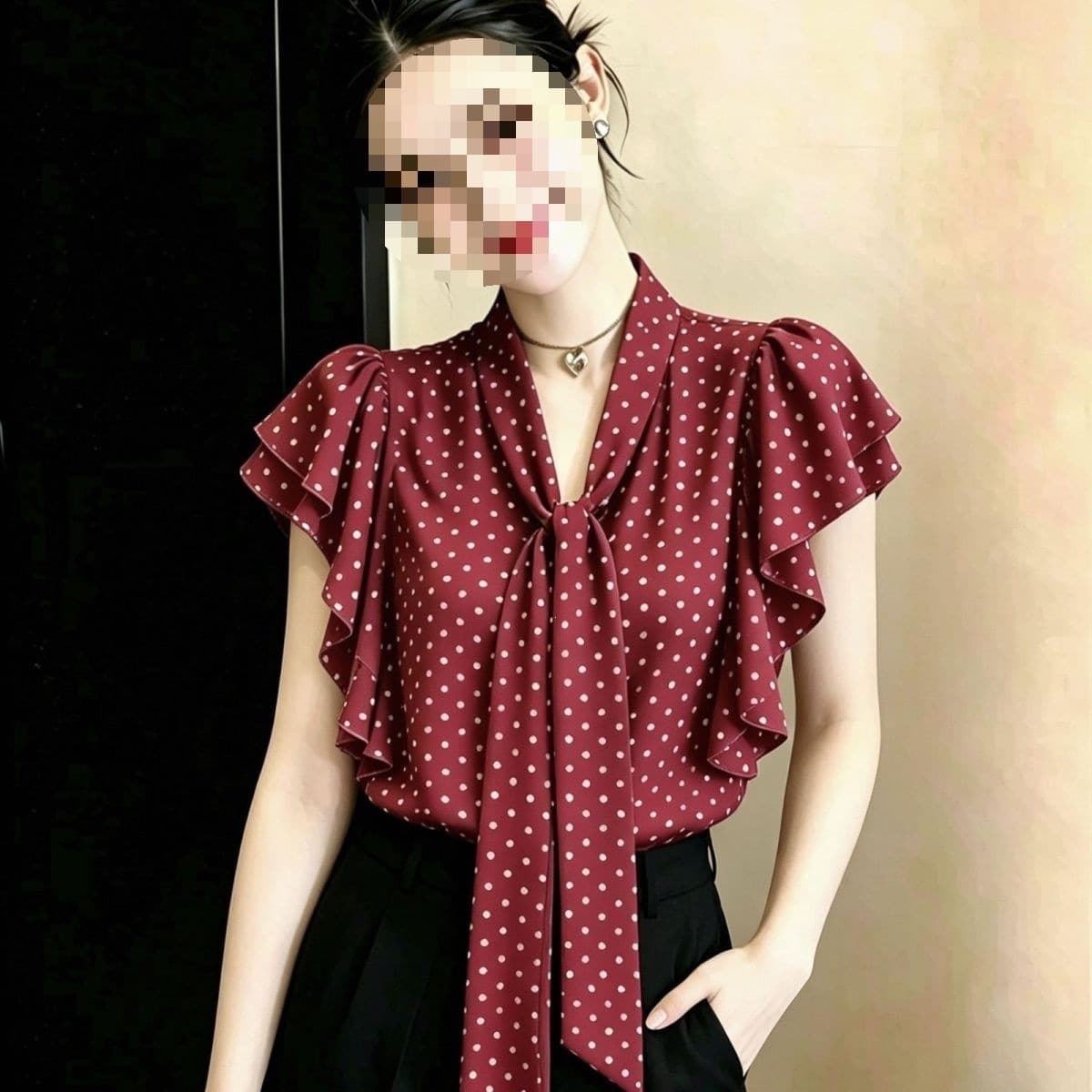 Plus Size Korean Polka Dot Print Tie Blouse Women's Summer Black Leaf Slimming Top Flying Sleeve Chiffon Shirt