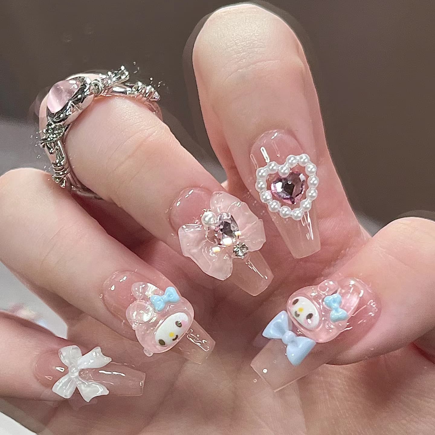 Cartoon Dopamine Wearable Nails Pink Cute Anime Melody Nail Art Stickers Fake Nails