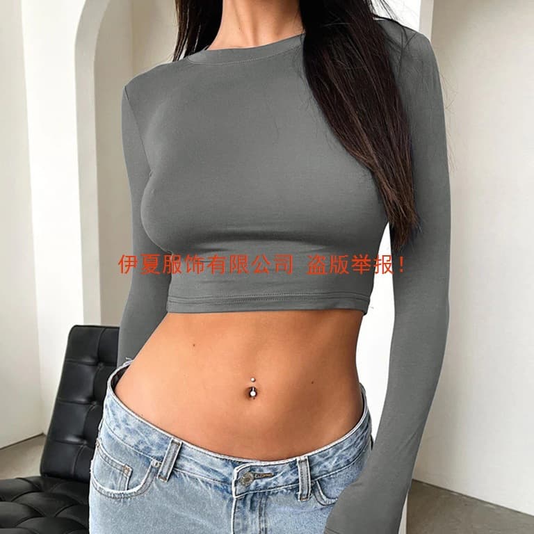 -Yixia Clothing European and American cross-border popular women's clothing sexy hotties solid color round neck slim fit navel-baring long-sleeved t