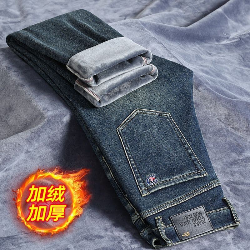 High-Quality Cotton Men's Jeans Winter Thickened Thermal Slim Straight Leg Long Pants Business Casual Trousers
