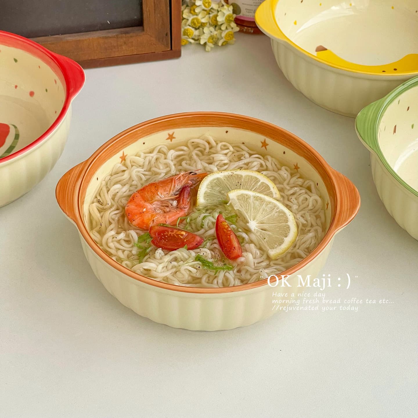 Cute High-Appearance Ceramic Ramen Bowl with Double Ears for Student Dormitory and Home Use, Beautiful Tableware Bowl for Eating Snail Noodles
