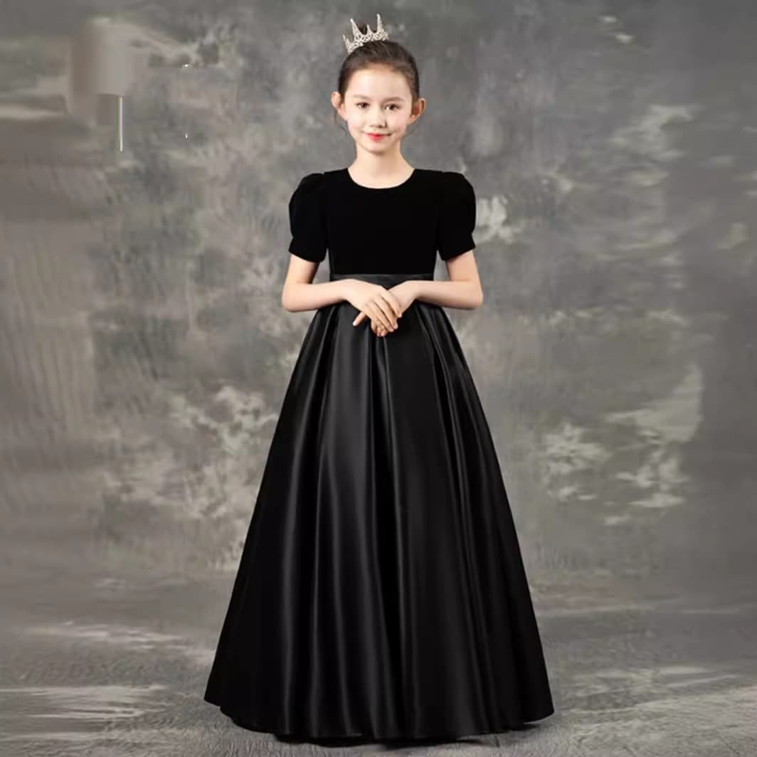 Cross-border Girls Black Evening Dress Birthday Party Princess Dress Piano Violin Performance Costume French Bubble Short Sleeve