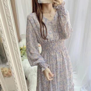 Bohemian Floral Chiffon Long Dress for Women Mother Spring New Korean Style Fairy Dress Ruffle Hem