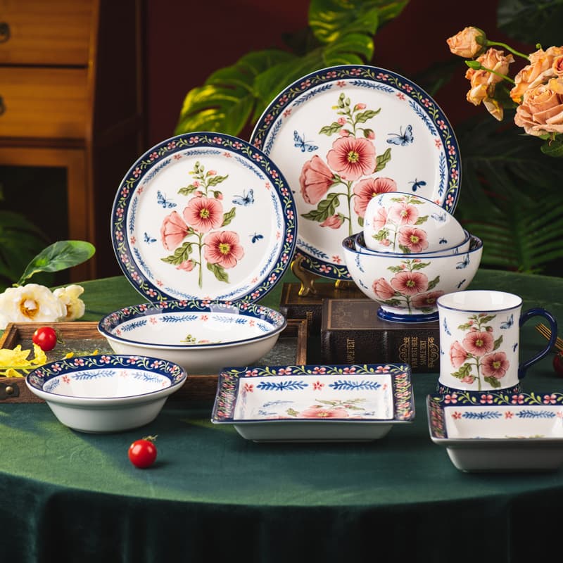 Lihua Series Ceramic Tableware Set for Home, High-Appearance Bowls, Plates, Mugs, Vintage Pastoral Serving Plates, Housewarming Gift